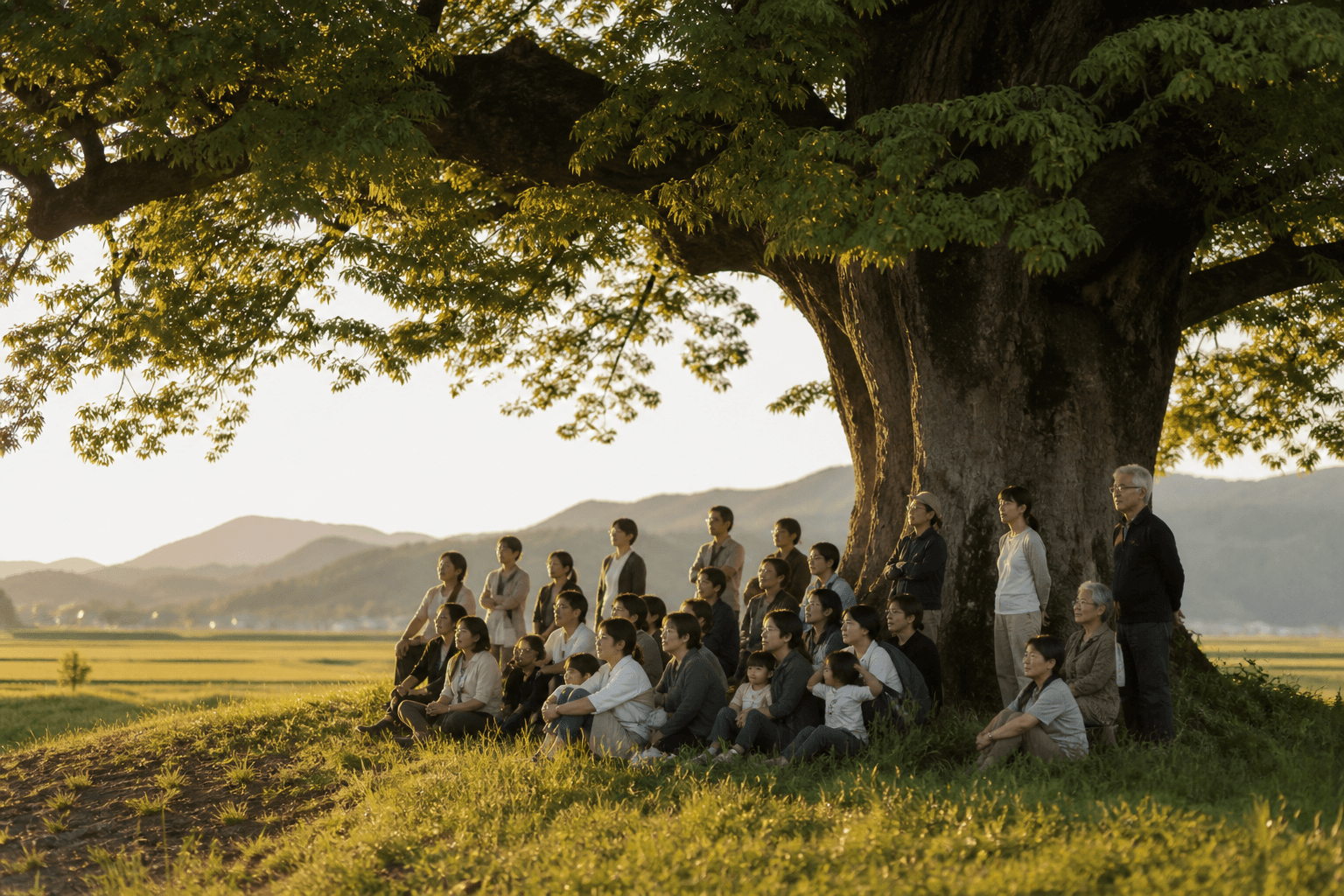 広い平原に堂々と立つ大樹のもと、人々が集う風景